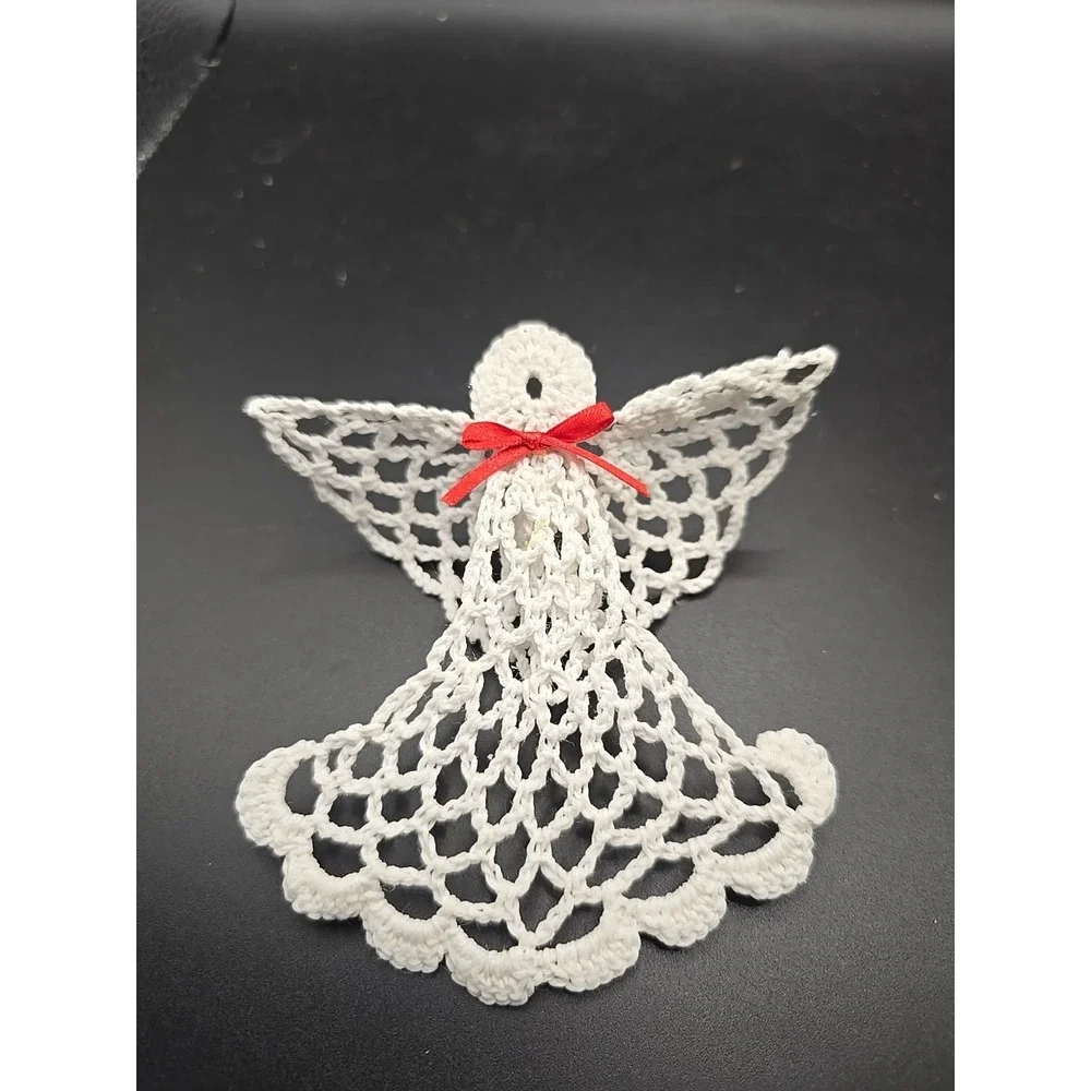 Vintage Starched White Crochet Christmas Angel W/ Halo‎ 3 1/2
